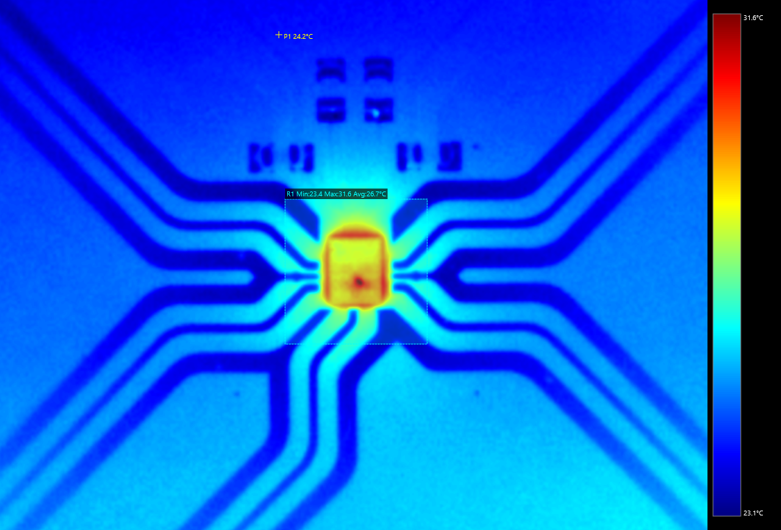 Same thermal image with point measurement and ROI statistics overlaid