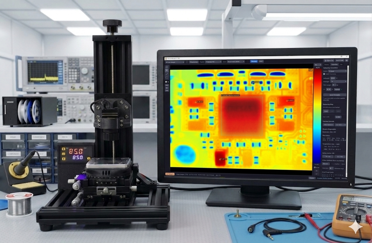 HotSpotter scanning system in electronics lab with thermal PCB output on monitor